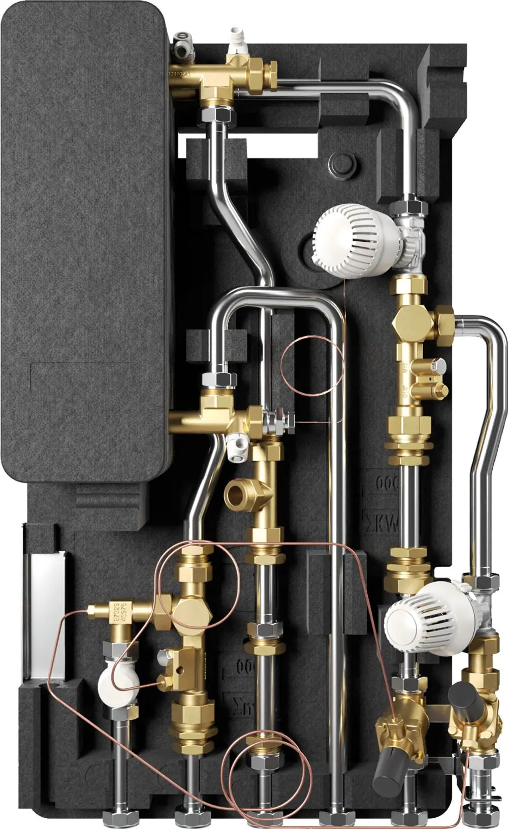 Bosch Wohnungsstation mit verschiedenen Rohrleitungen und Ventilen, montiert in einem schwarzen Gehäuse. Heiz- und Regelungstechnik für effiziente Wärmeverteilung.